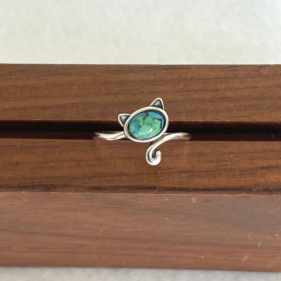 Sterling Silver 925 Turquoise Cabochon Kitty Cat Bypass Style Band Ring Sz 6 - Picture 7 of 16